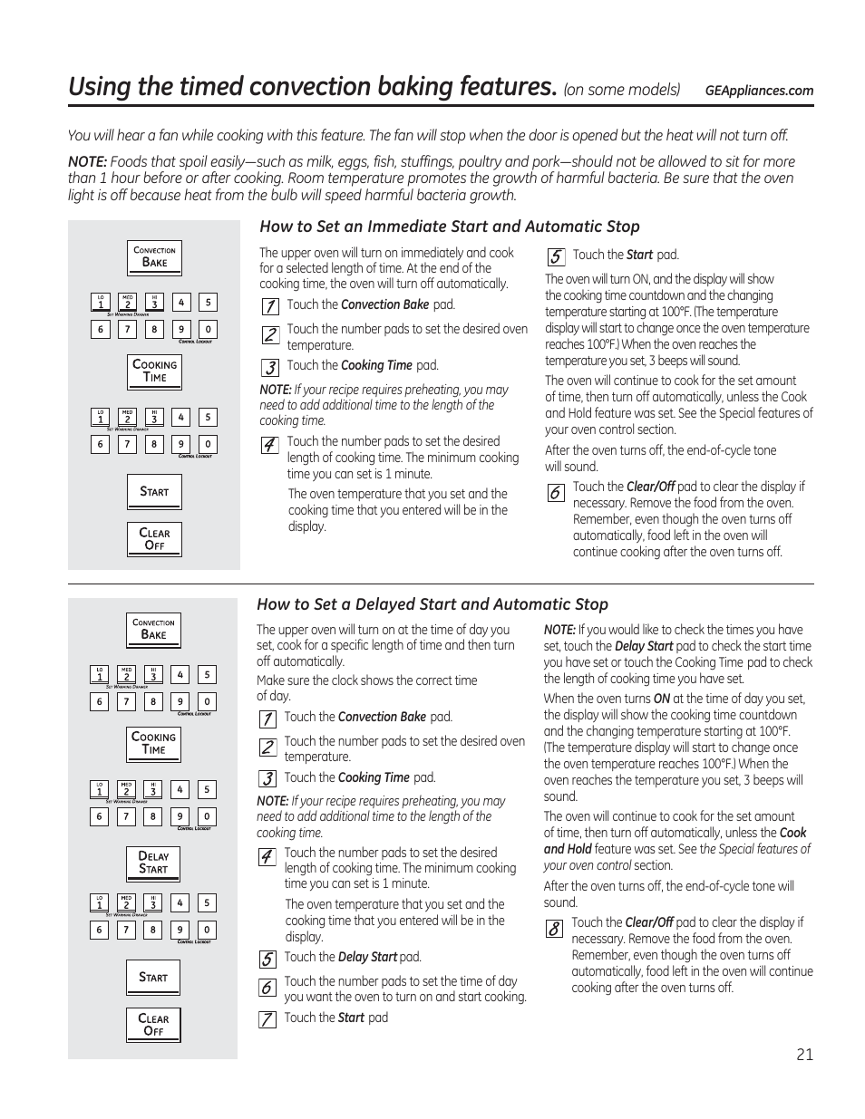 How to set an immediate start and automatic stop, How to set a delayed start and automatic stop, Using the timed convection baking features | H □ h h 0, 0 □ h 0 h | GE CGS975SEDSS User Manual | Page 21 / 128