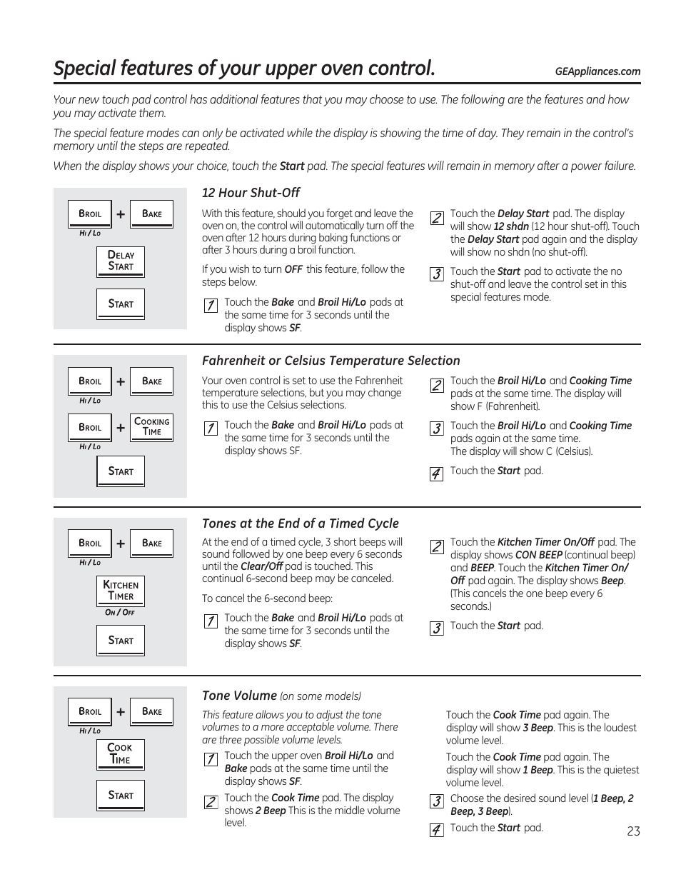 Special features of your upper oven control, 12 hour shut-off, Tones at the end of a timed cycle | GE CGS975SEDSS User Manual | Page 23 / 128