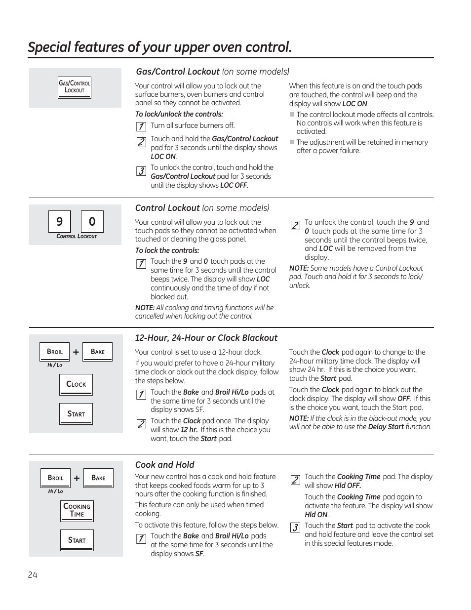 Special features of your upper oven control, Gas/control lockout (on some models), Hour, 24-hour or clock blackout | GE CGS975SEDSS User Manual | Page 24 / 128
