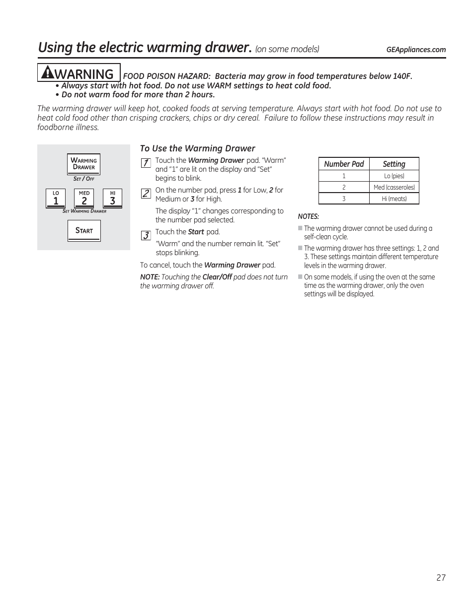 To use the warming drawer, Using the electric warming drawer, Warning | GE CGS975SEDSS User Manual | Page 27 / 128