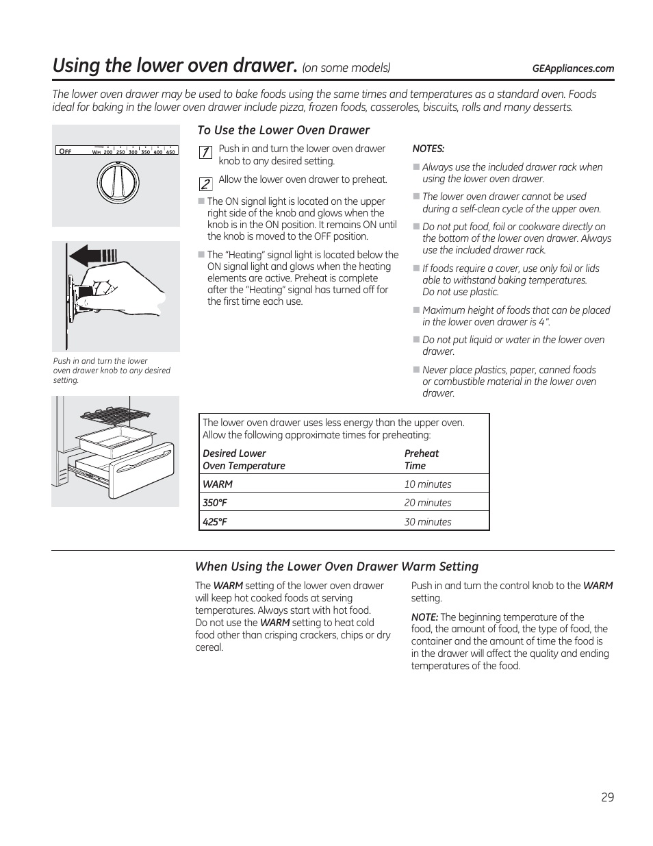 To use the lower oven drawer, When using the lower oven drawer warm setting, Using the lower oven drawer | GE CGS975SEDSS User Manual | Page 29 / 128