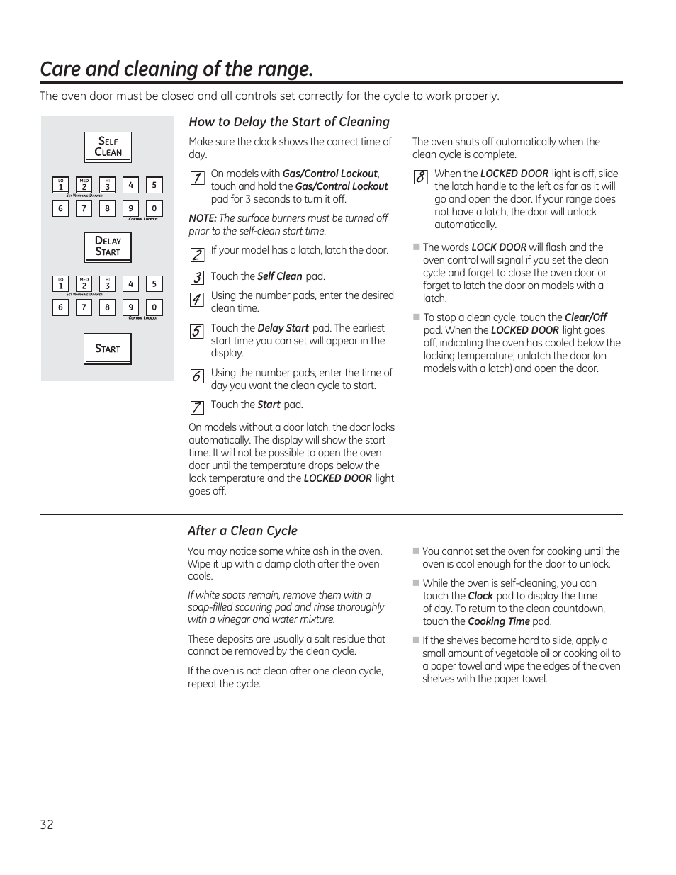How to delay the start of cleaning, After a clean cycle, Care and cleaning of the range | GE CGS975SEDSS User Manual | Page 32 / 128