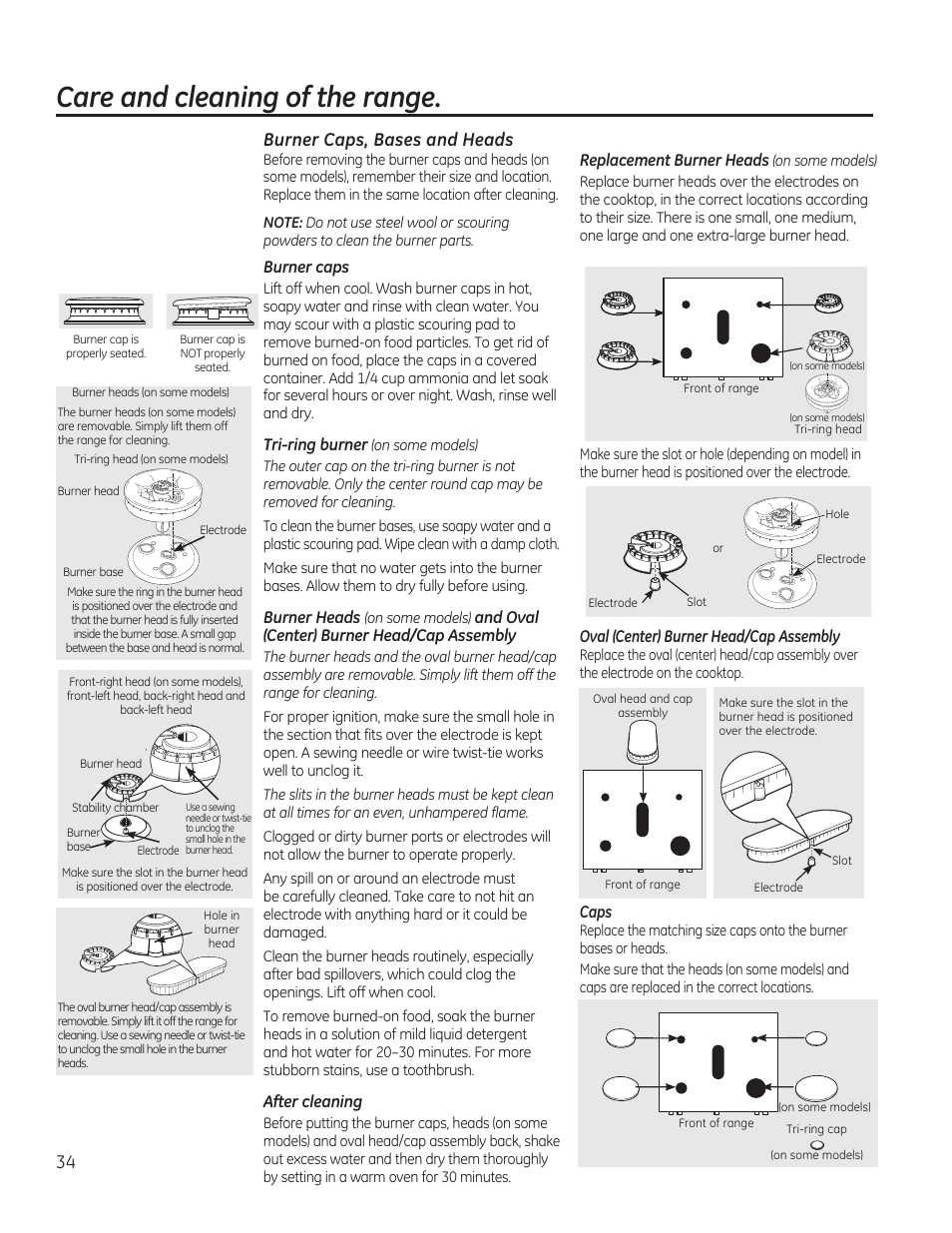 Burner caps, bases and heads, Care and cleaning of the range | GE CGS975SEDSS User Manual | Page 34 / 128
