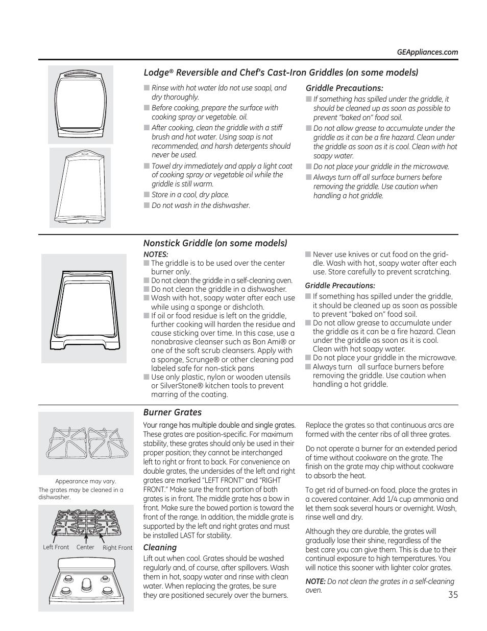 Nonstick griddle (on some models), Burner grates, Burner grates , 35 | GE CGS975SEDSS User Manual | Page 35 / 128
