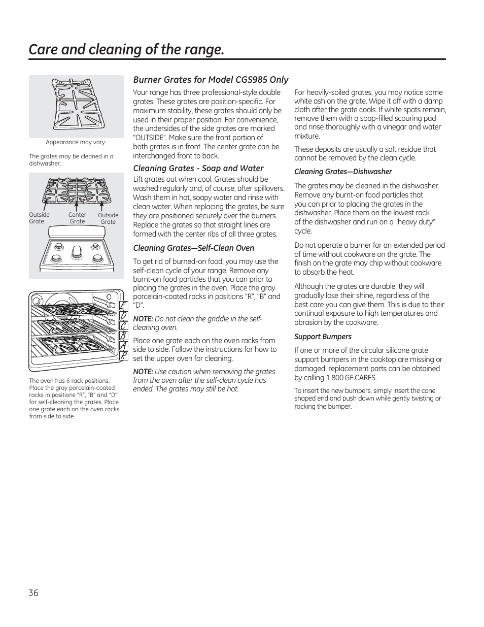 Care and cleaning of the range | GE CGS975SEDSS User Manual | Page 36 / 128