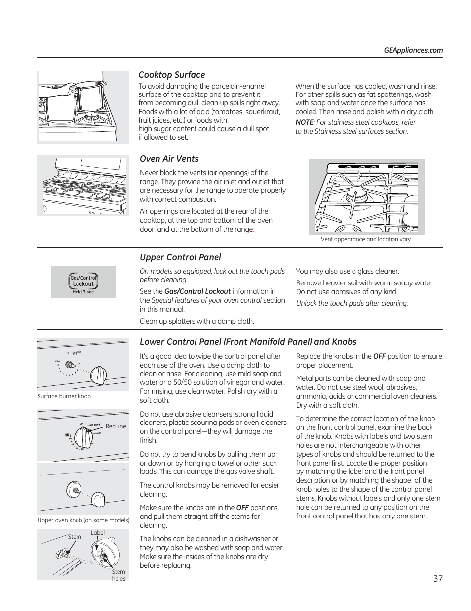 Cooktop surface, Oven air vents, Upper control panel | Oven vents | GE CGS975SEDSS User Manual | Page 37 / 128