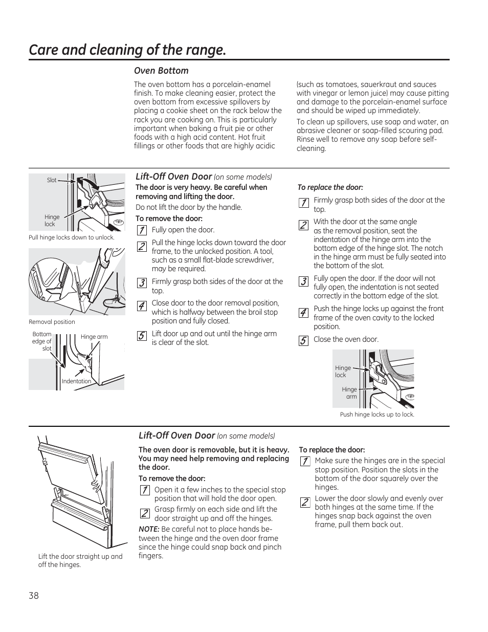 Oven bottom, Lift-off oven door ion some models), Lift-off oven door (on some models) | Care and cleaning of the range | GE CGS975SEDSS User Manual | Page 38 / 128