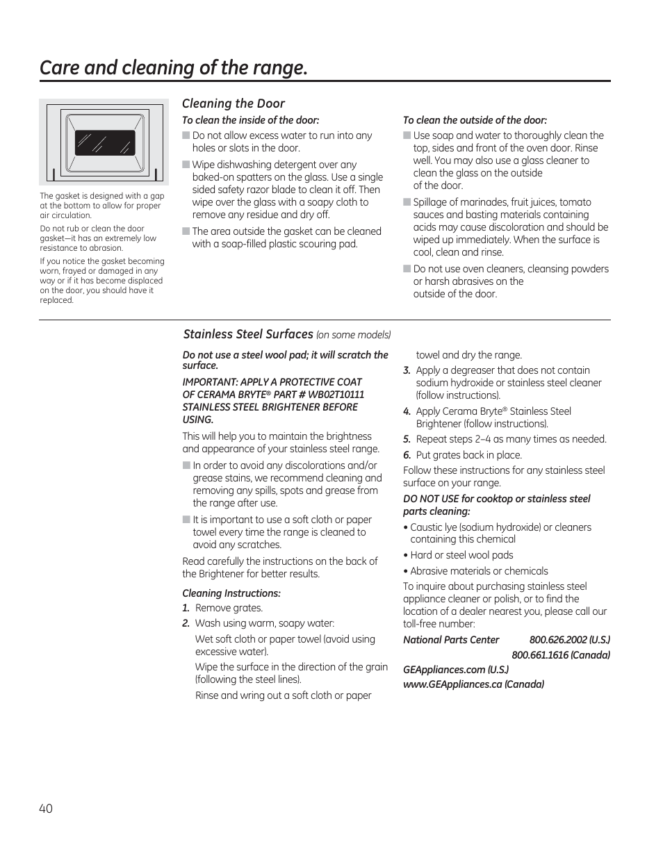 Cleaning the door, Stainless steel surfaces (on some models), Care and cleaning of the range | GE CGS975SEDSS User Manual | Page 40 / 128