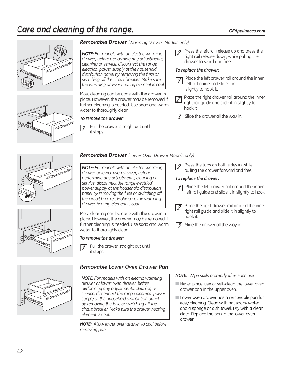 Removable lower oven drawer pan, Care and cleaning of the range | GE CGS975SEDSS User Manual | Page 42 / 128