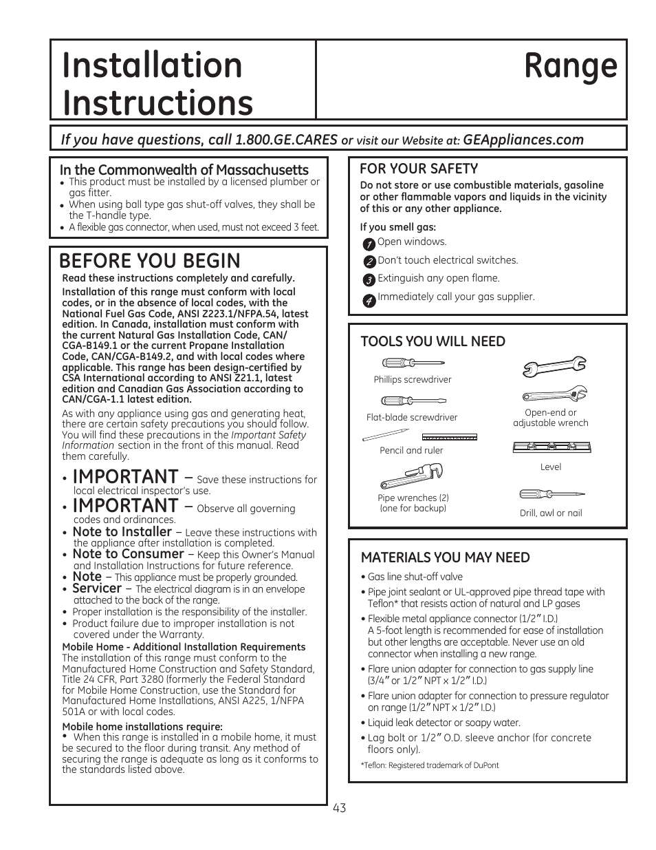 For your safety, Materials you may need, Installation instructions range | Before you begin, Important | GE CGS975SEDSS User Manual | Page 43 / 128