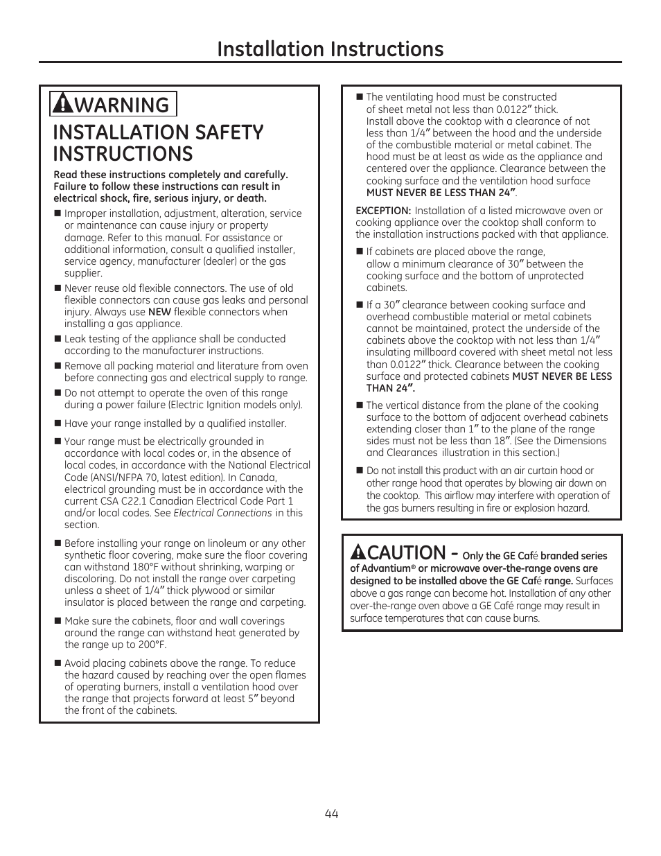 Installation safety instructions, Acaution, Installation instructions | Warning | GE CGS975SEDSS User Manual | Page 44 / 128