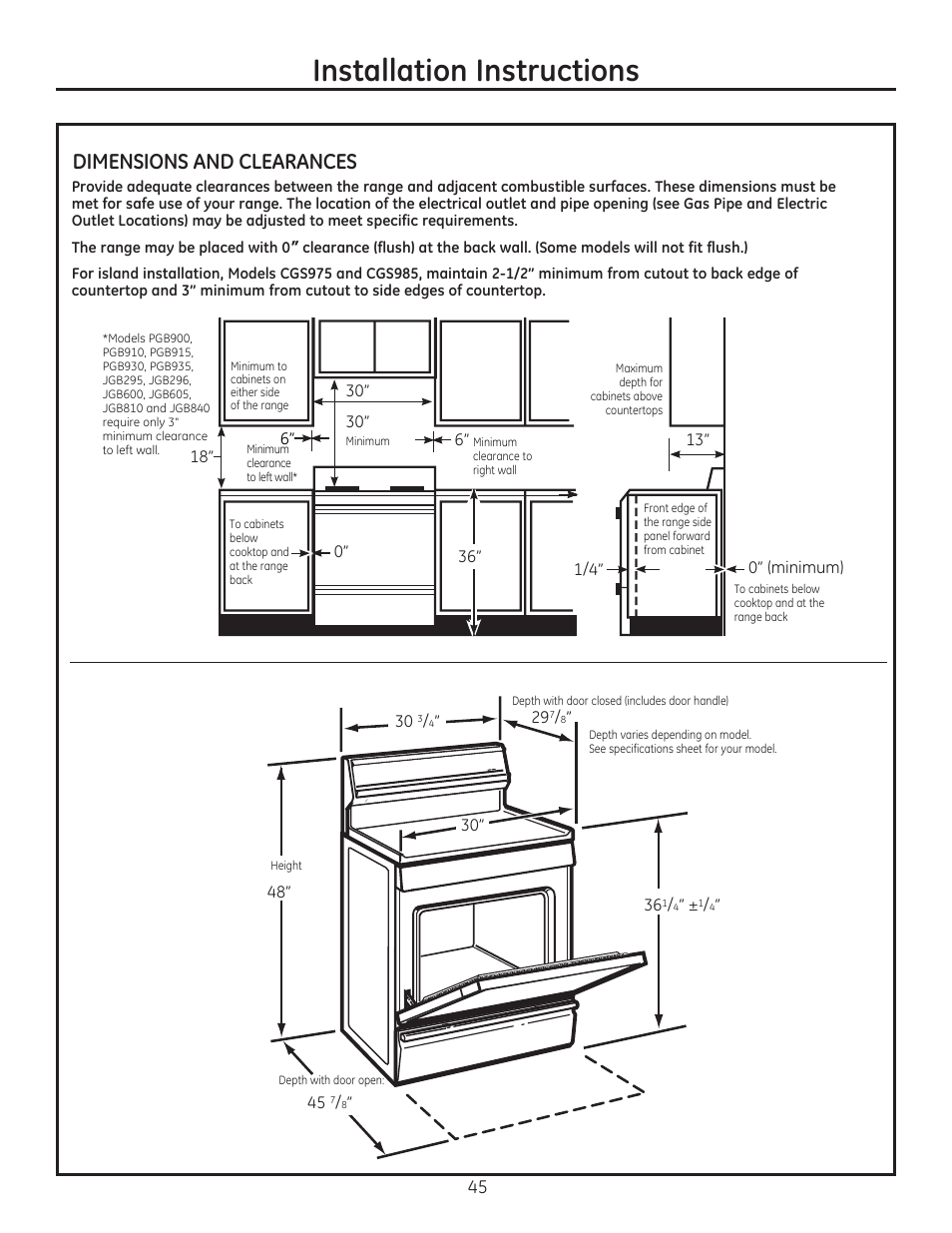Dimensions and clearances, Installation instructions | GE CGS975SEDSS User Manual | Page 45 / 128