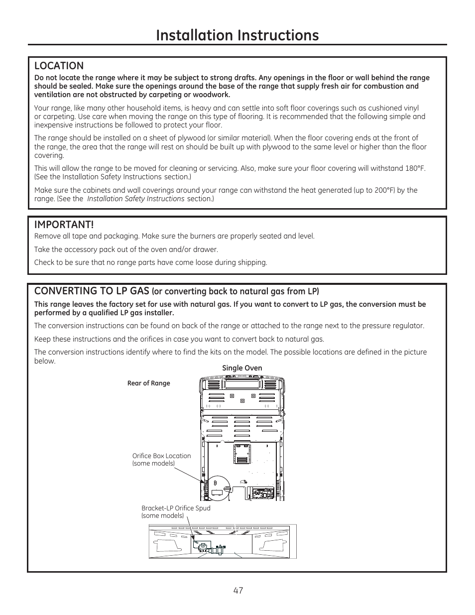 Location, Important, Installation instructions | GE CGS975SEDSS User Manual | Page 47 / 128