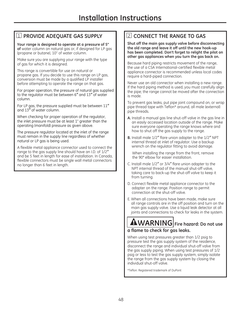 Provide adequate gas supply, Connect the range to gas, Installation instructions | Warning | GE CGS975SEDSS User Manual | Page 48 / 128