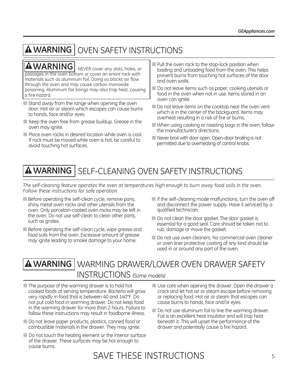 Oven safety instructions, Self-cleaning oven safety instructions, Awarning warming drawer/lower oven drawer safety | Warning, Save these instructions, A warning oven safety instructions | GE CGS975SEDSS User Manual | Page 5 / 128