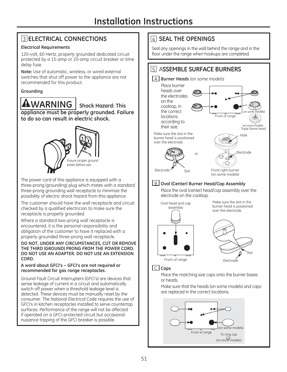 Electrical connections, Seal the openings, S assemble surface burners | Installation instructions, Warning | GE CGS975SEDSS User Manual | Page 51 / 128