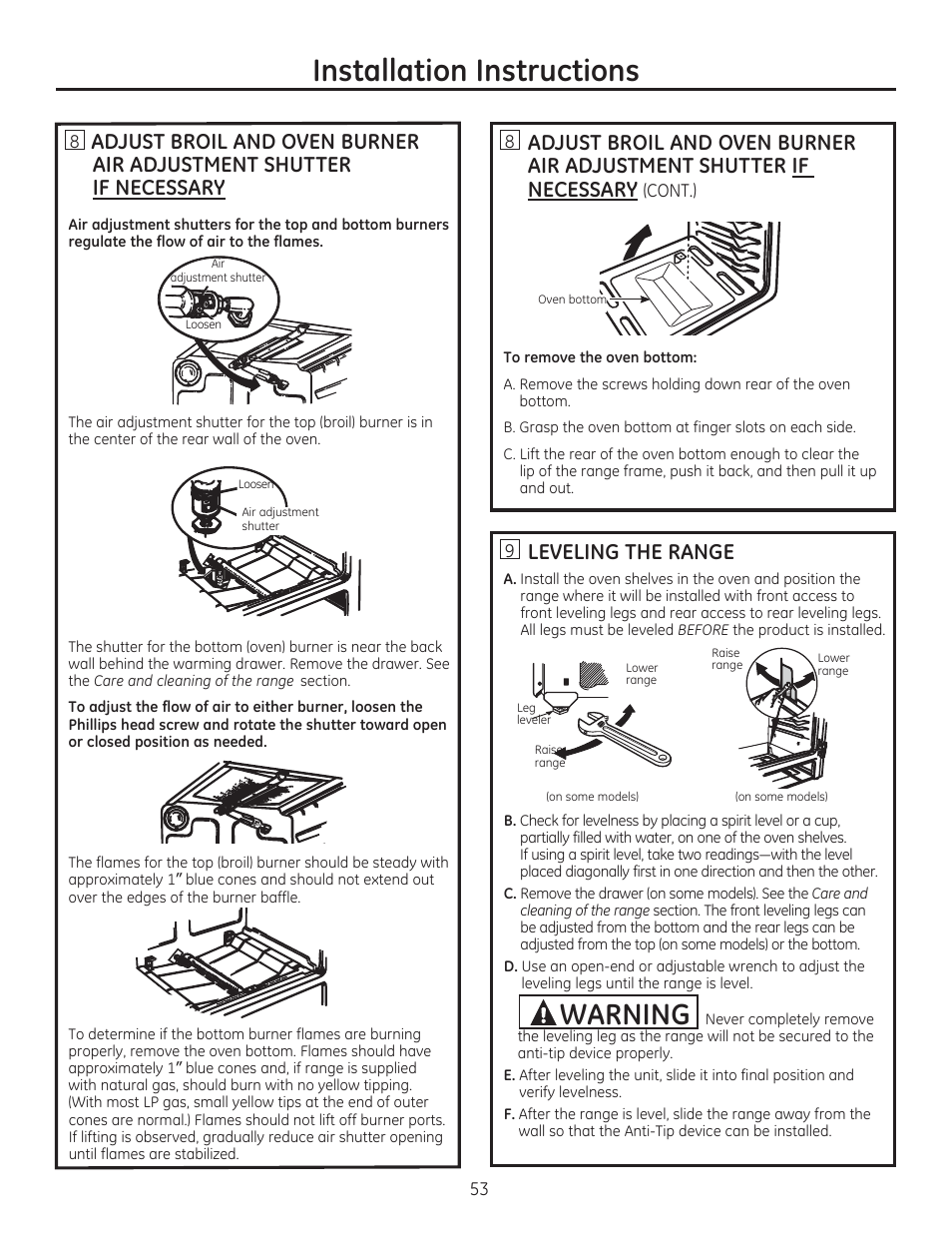 Leveling the range, Installation instructions, Warning | GE CGS975SEDSS User Manual | Page 53 / 128