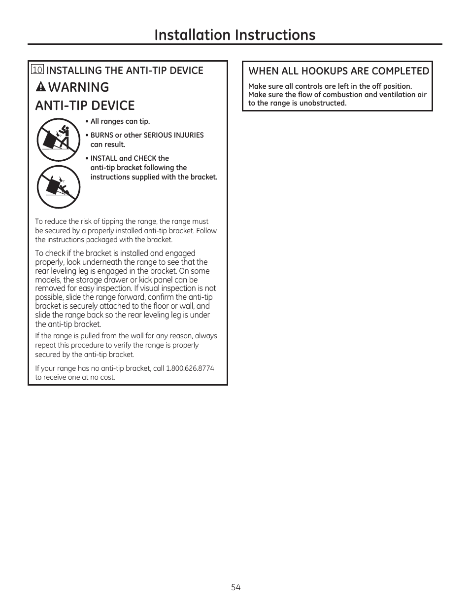 Installing the anti-tip device, When all hookups are completed, Installation instructions | Awarning anti-tip device | GE CGS975SEDSS User Manual | Page 54 / 128
