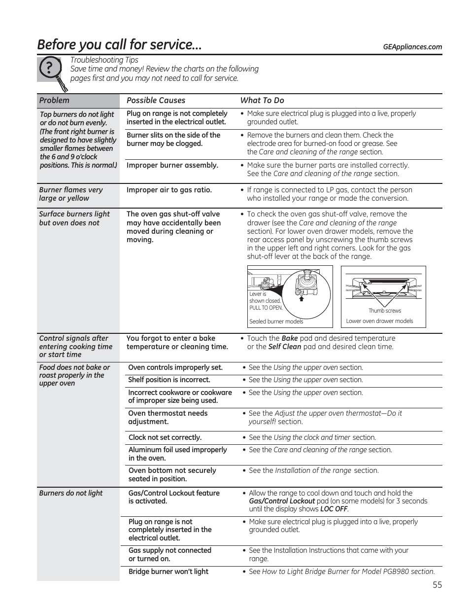 Before you call for service | GE CGS975SEDSS User Manual | Page 55 / 128