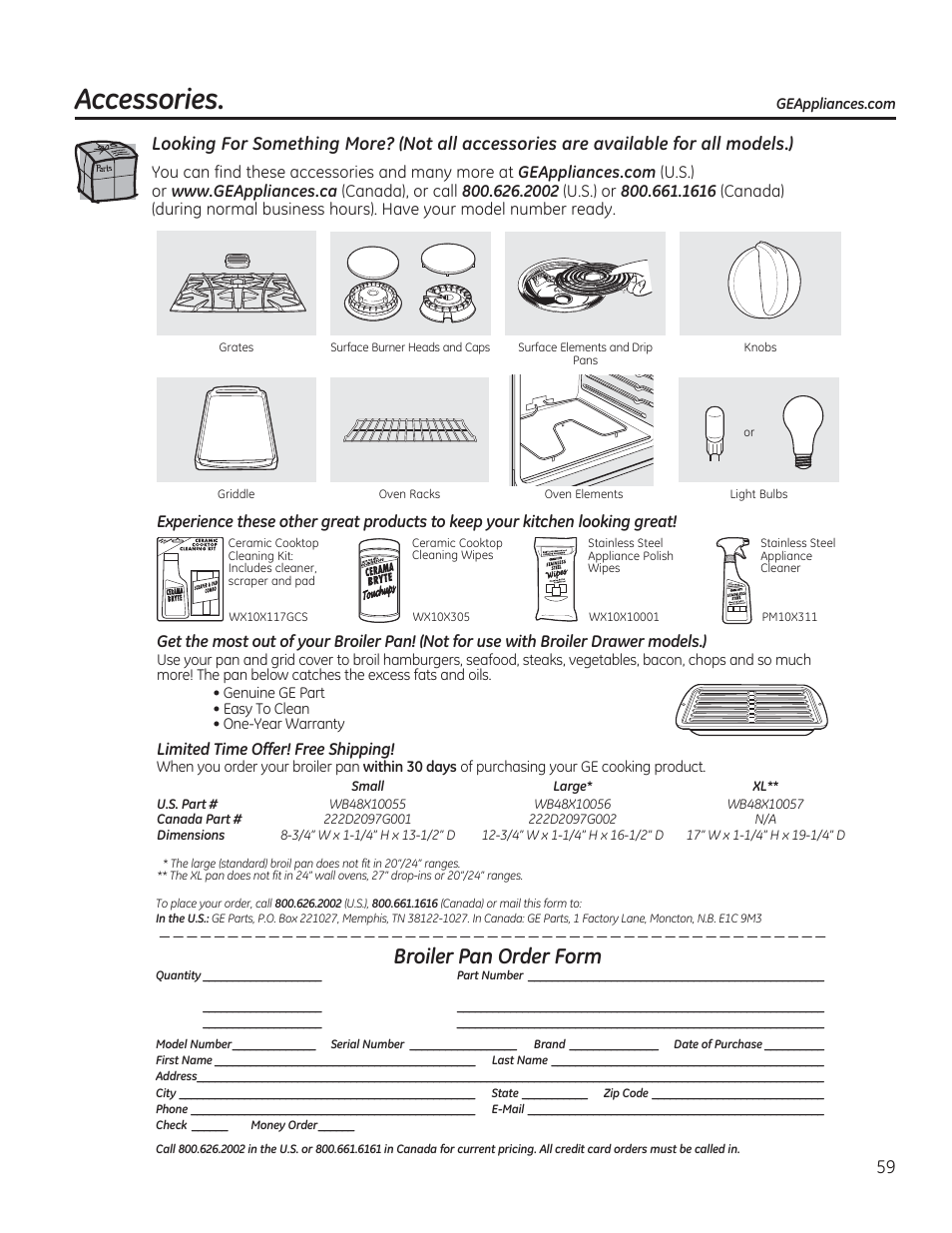 Accessories, Broiler pan order form | GE CGS975SEDSS User Manual | Page 59 / 128