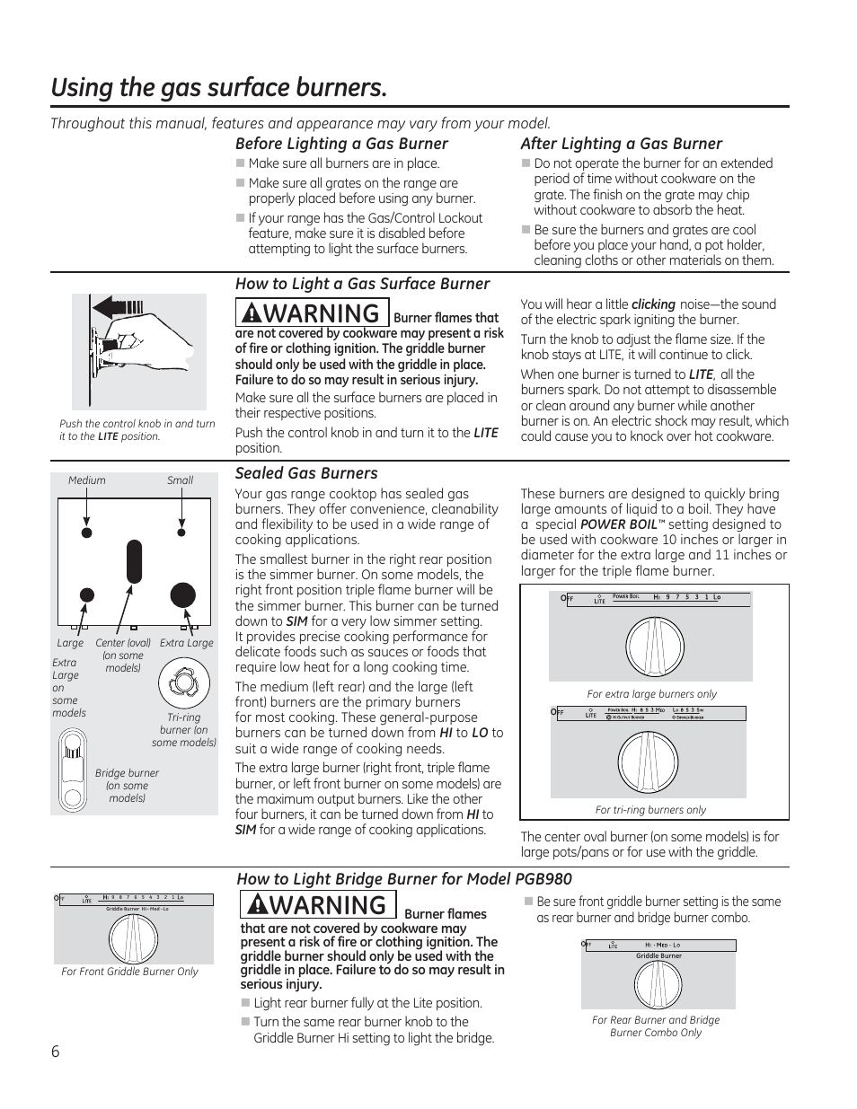 Using the gas surface burners, Before lighting a gas burner, After lighting a gas burner | How to light a gas surface burner, Sealed gas burners, How to light bridge burner for model pgb980, Awarning | GE CGS975SEDSS User Manual | Page 6 / 128