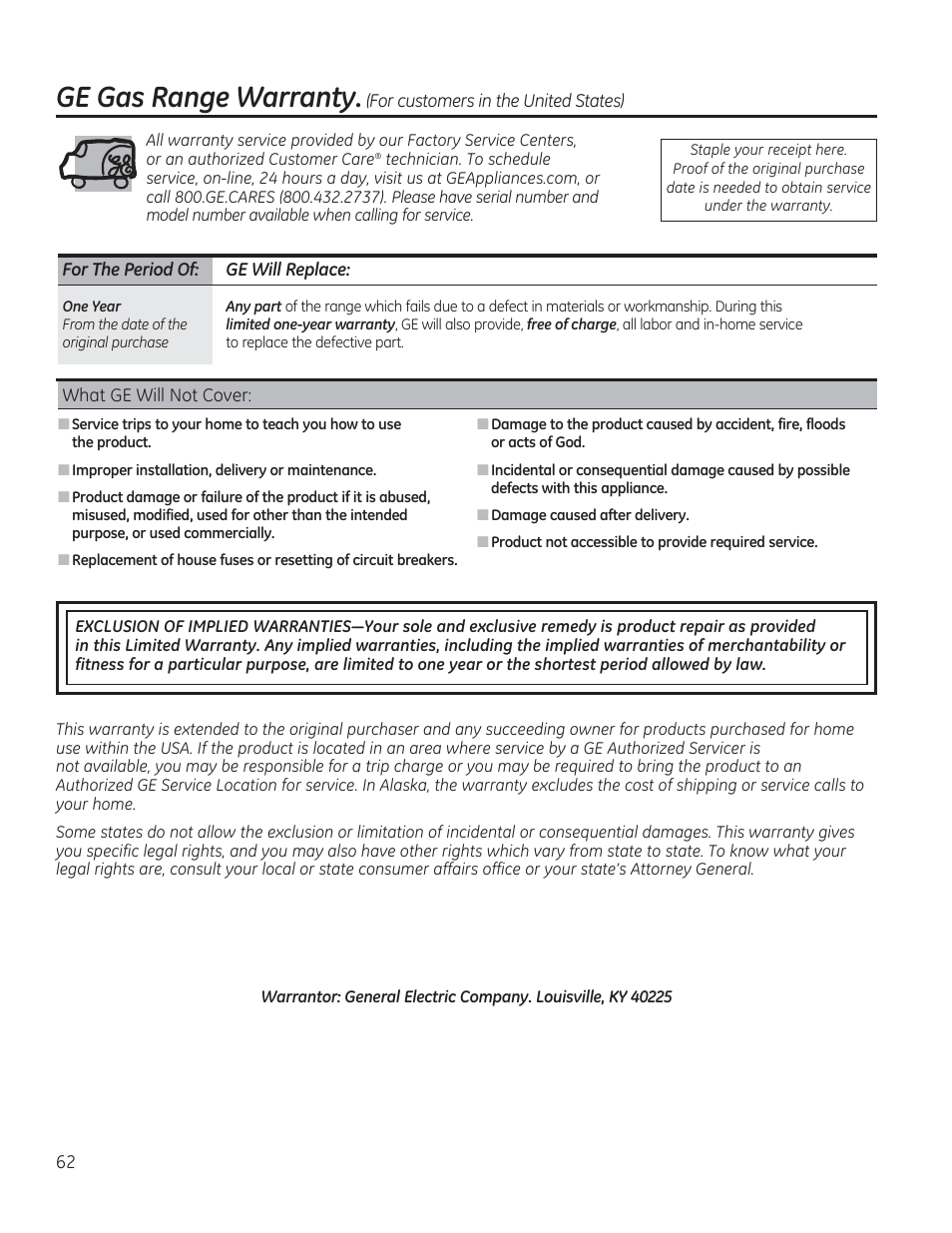 For the period of: ge will replace, Ge gas range warranty | GE CGS975SEDSS User Manual | Page 62 / 128