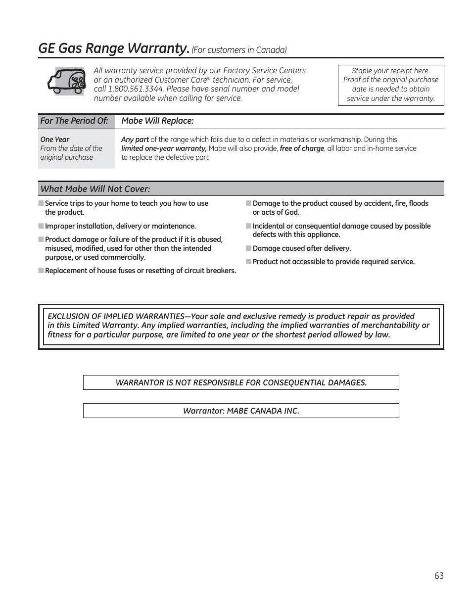 For the period of: habe will replace, What mabe will not cover, Ge gas range warranty | GE CGS975SEDSS User Manual | Page 63 / 128