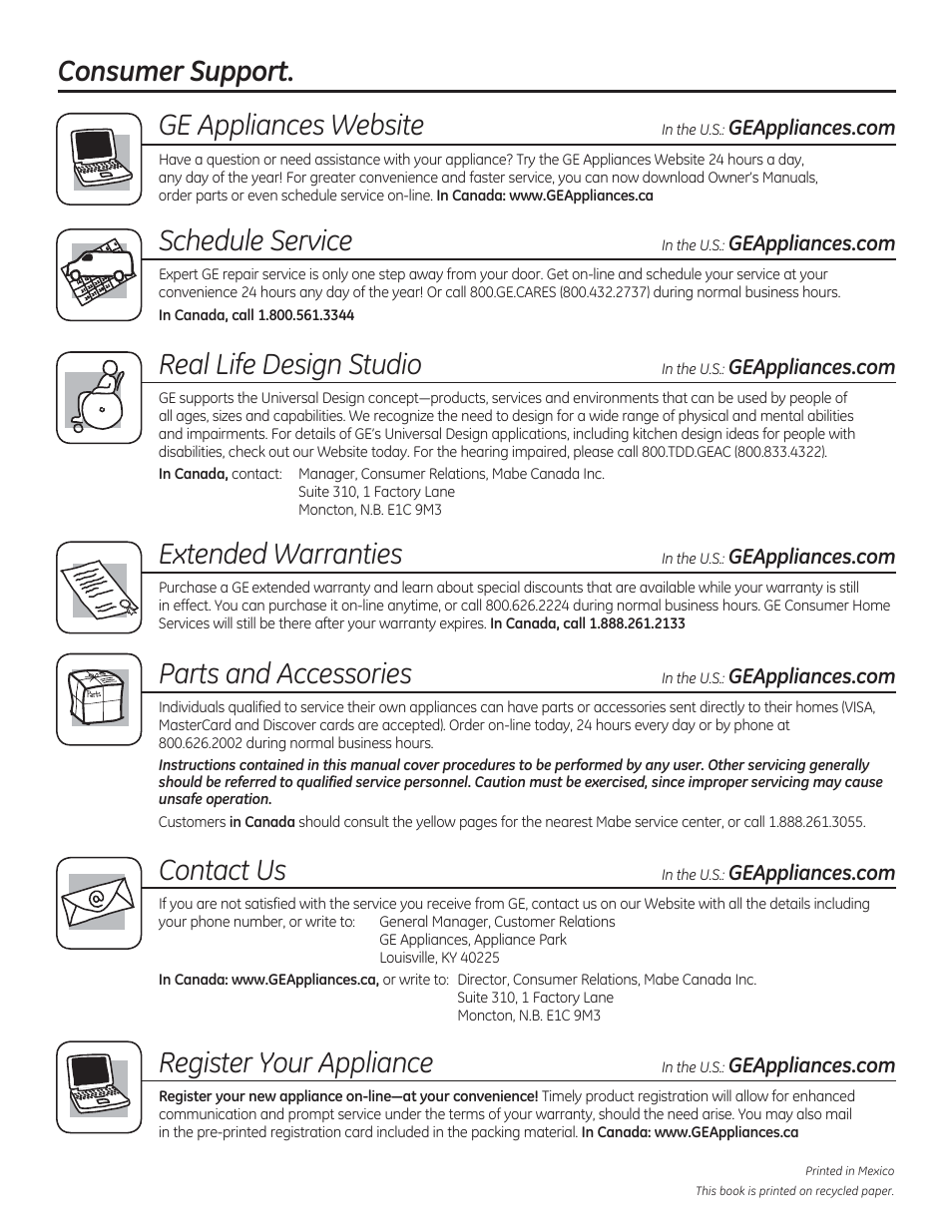 Consumer support, Ge appliances website, Schedule service | Real life design studio, Extended warranties, Parts and accessories, Contact us, Register your appliance | GE CGS975SEDSS User Manual | Page 64 / 128