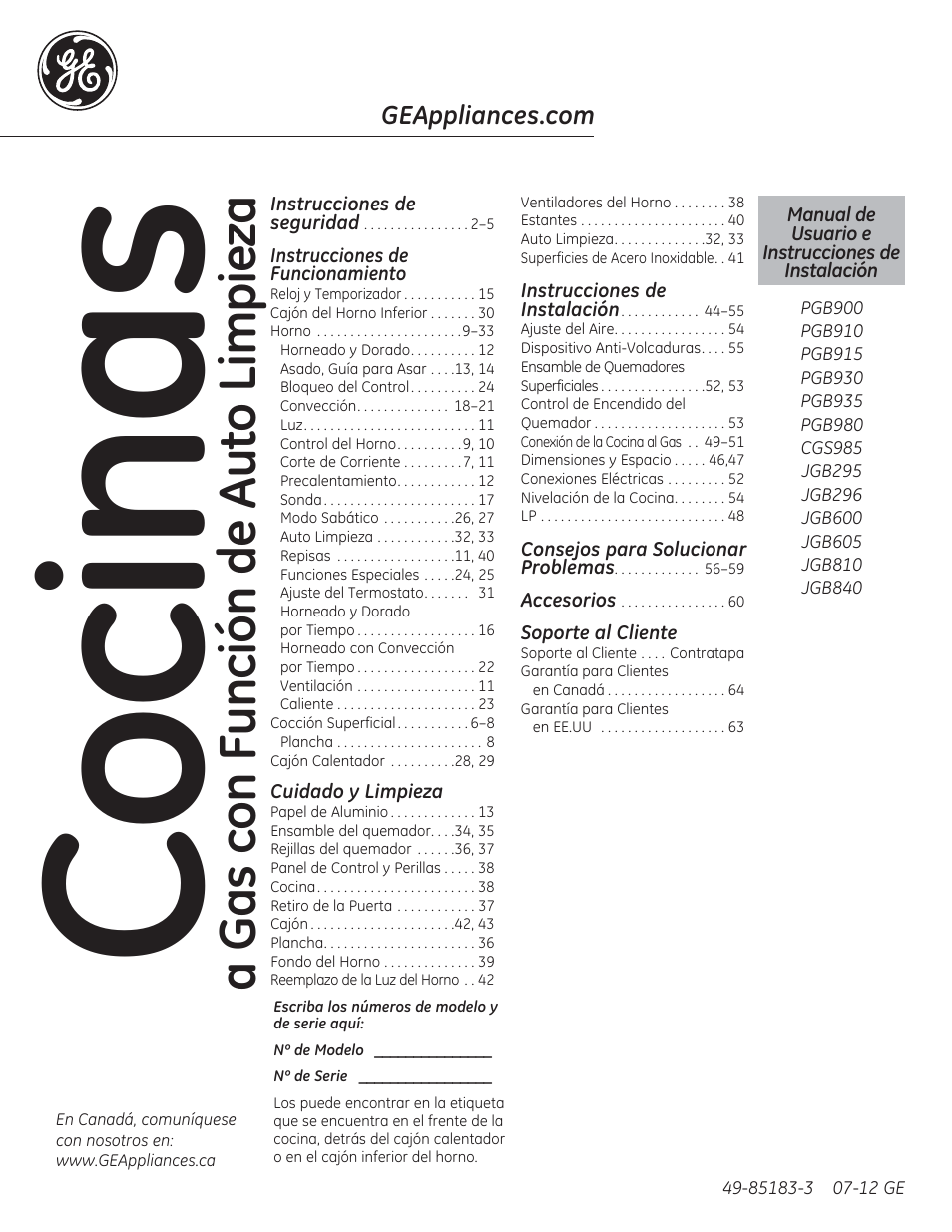 Instrucciones de, Seguridad, Funcionamiento | Cuidado y limpieza | GE CGS975SEDSS User Manual | Page 65 / 128