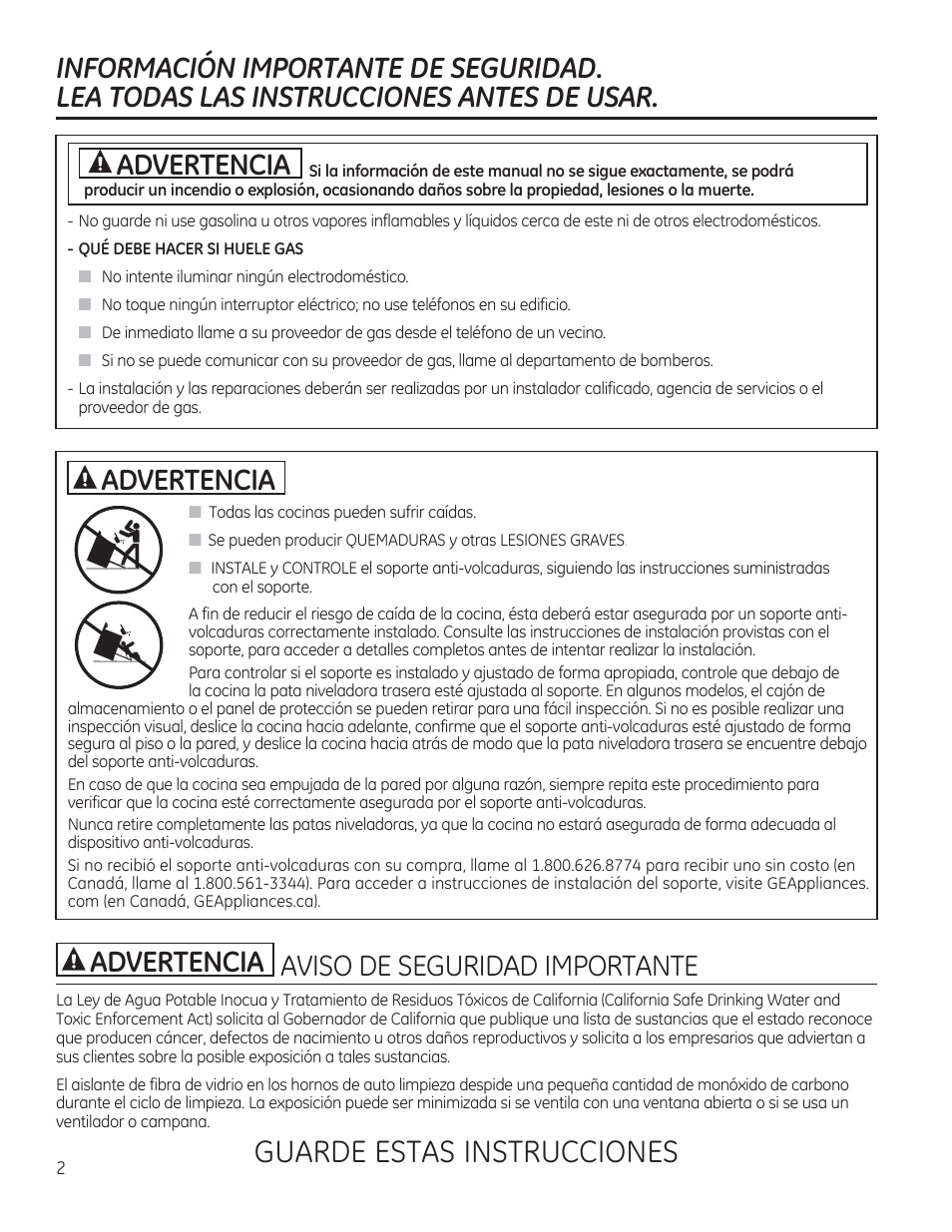 Informacion importante de seguridad, Lea todas las instrucciones antes de usar, Aviso de seguridad importante | Guarde estas instrucciones, A advertencia, A advertencia aviso de seguridad importante | GE CGS975SEDSS User Manual | Page 66 / 128