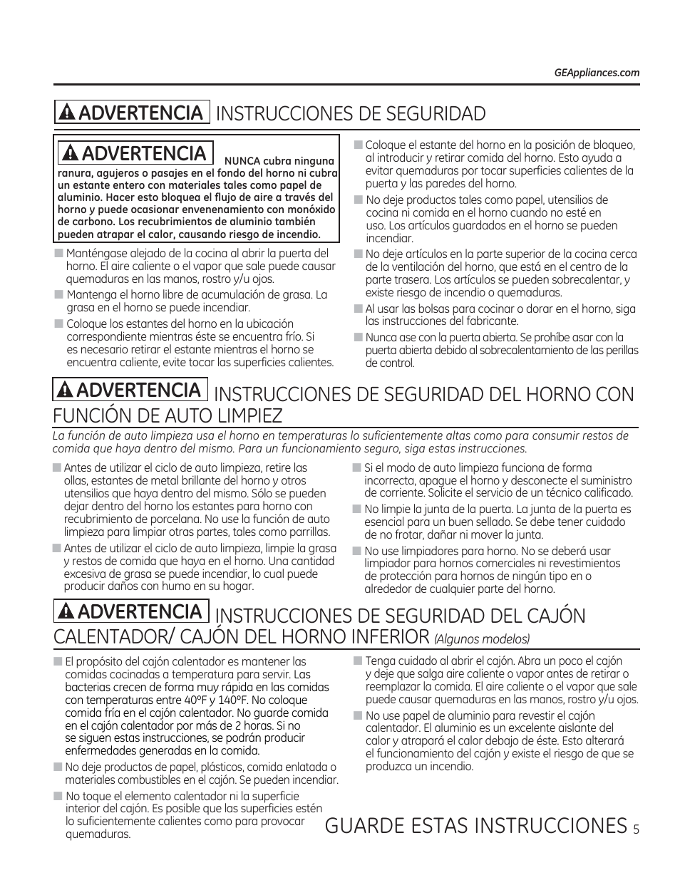 Aadvertencia instrucciones de seguridad, Instrucciones de seguridad del horno con, Funcion de auto limpiez | Instrucciones de seguridad del cajon, Instrucciones de, Seguridad, Guarde estas instrucciones | GE CGS975SEDSS User Manual | Page 69 / 128