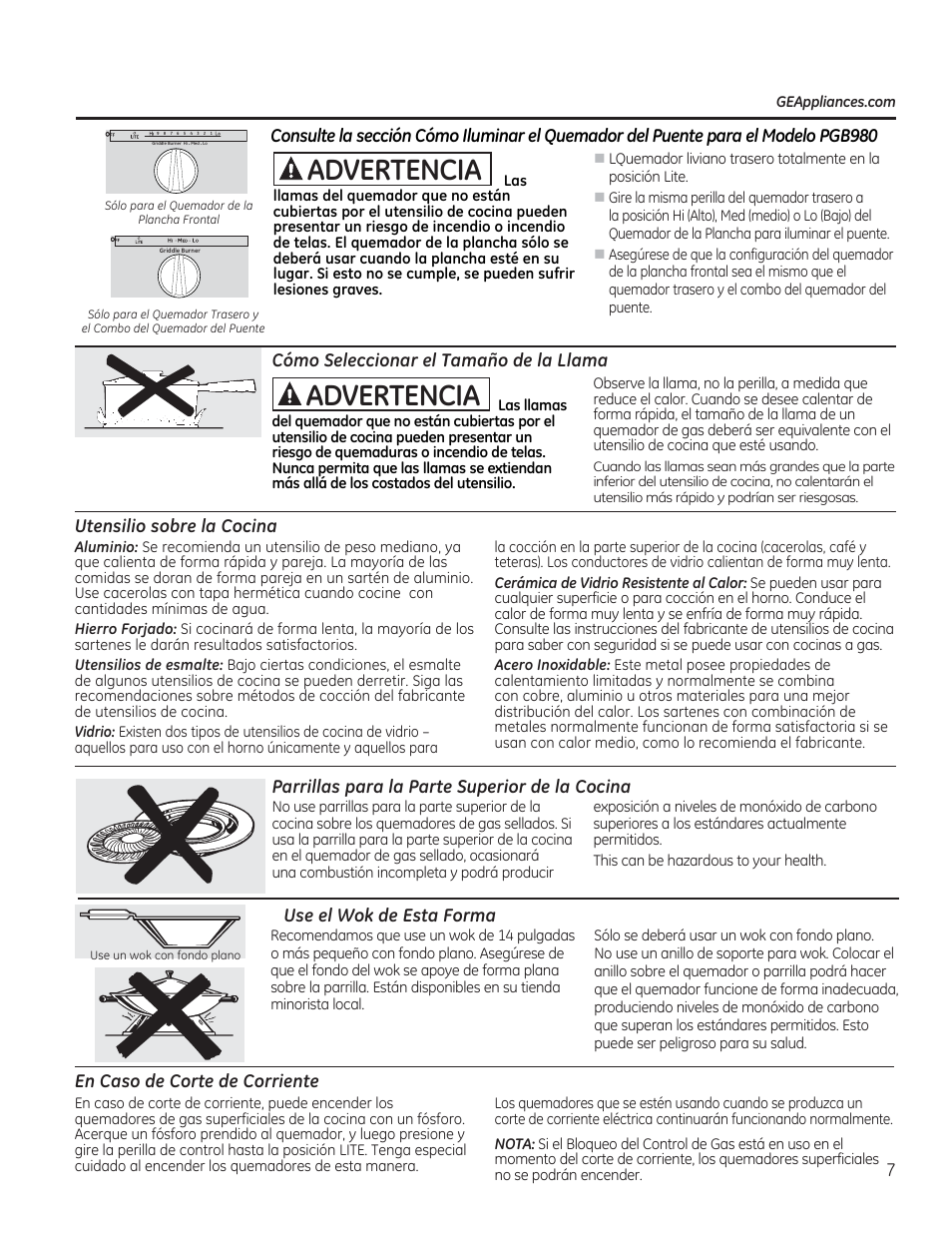 Cómo seleccionar el tamaño de la llama, Utensilio sobre la cocina, Parrillas para la parte superior de la cocina | Use el wok de esta forma, En caso de corte de corriente, A advertencia | GE CGS975SEDSS User Manual | Page 71 / 128