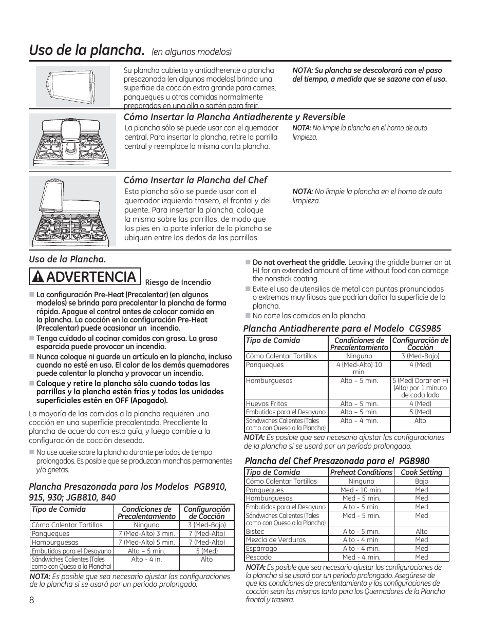 Cómo insertar la plancha del chef, Uso de la plancha, Plancha antiadherente para el modelo cgs985 | A advertencia | GE CGS975SEDSS User Manual | Page 72 / 128