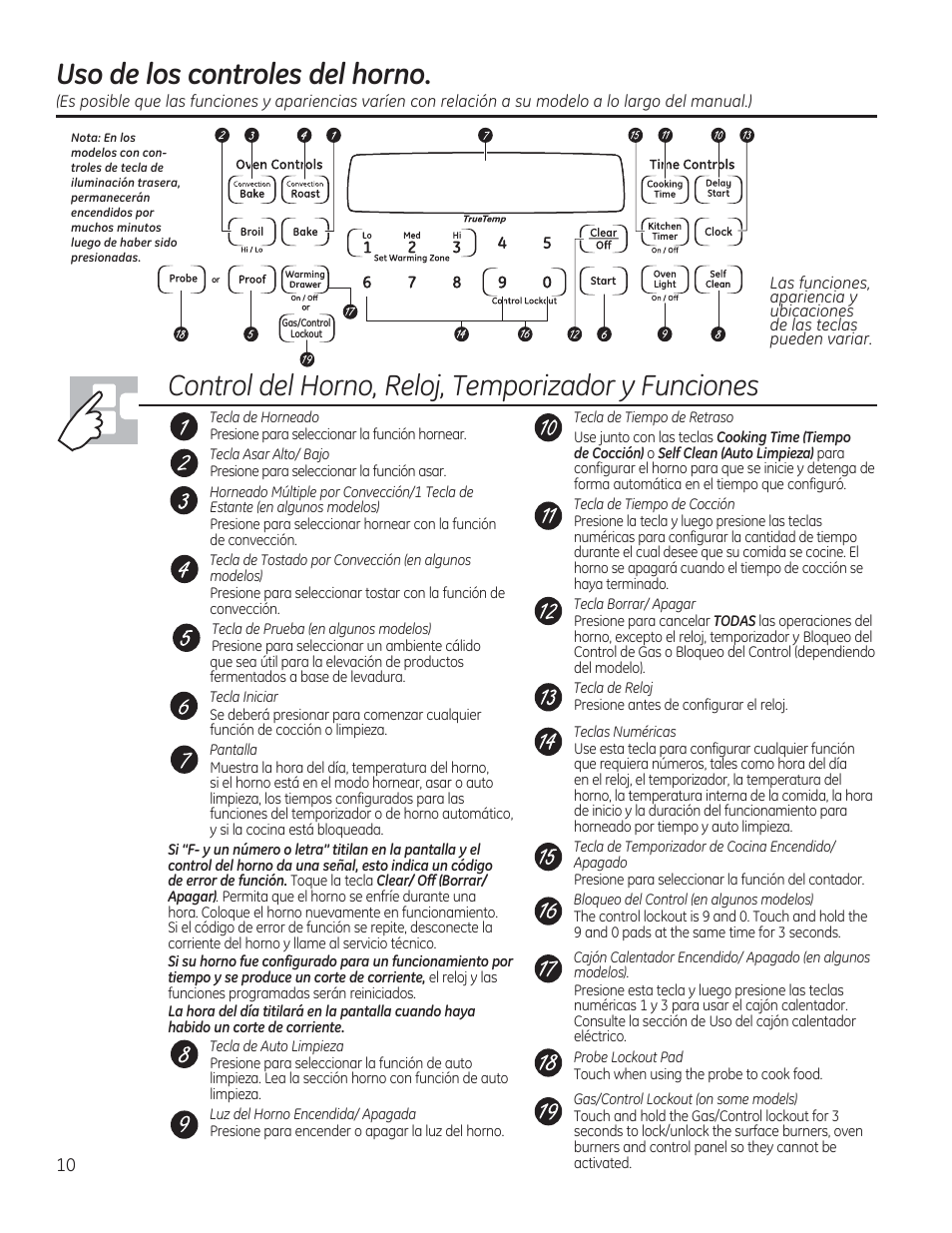 Uso de los controles del horno, Control del homo, reloj, temporizodor y funciones | GE CGS975SEDSS User Manual | Page 74 / 128