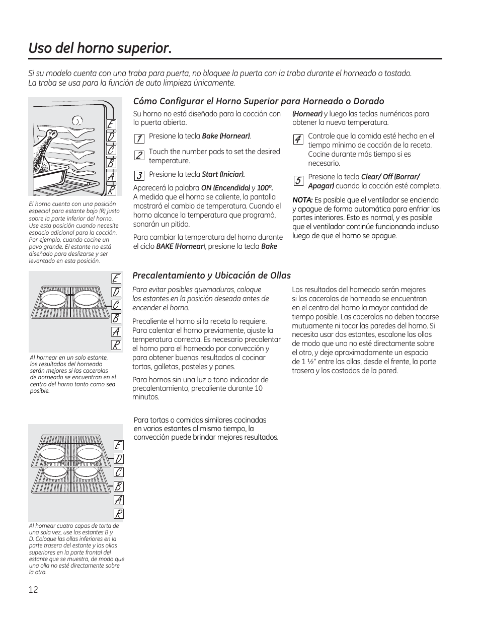 Precalentamiento y ubicación de ollas, Uso del horno superior | GE CGS975SEDSS User Manual | Page 76 / 128