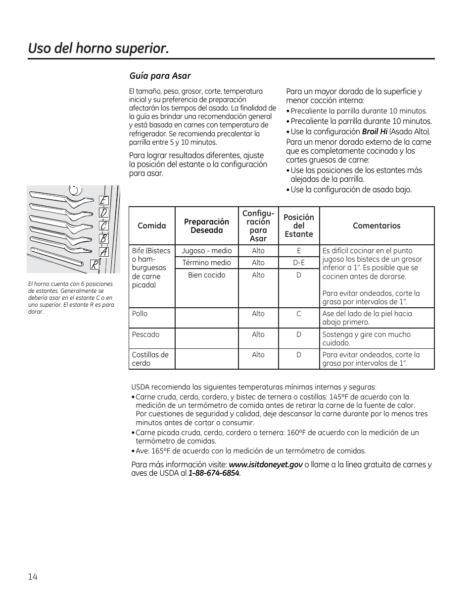 Guía para asar, Uso del horno superior | GE CGS975SEDSS User Manual | Page 78 / 128