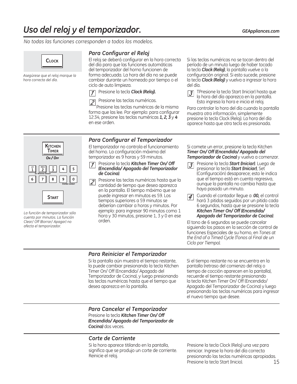 Para configurar el reloj, Para configurar el temporízador, Para reiniciar el temporízador | Para cancelar el temporízador, Corte de corriente, Uso del reloj y el temporízador | GE CGS975SEDSS User Manual | Page 79 / 128