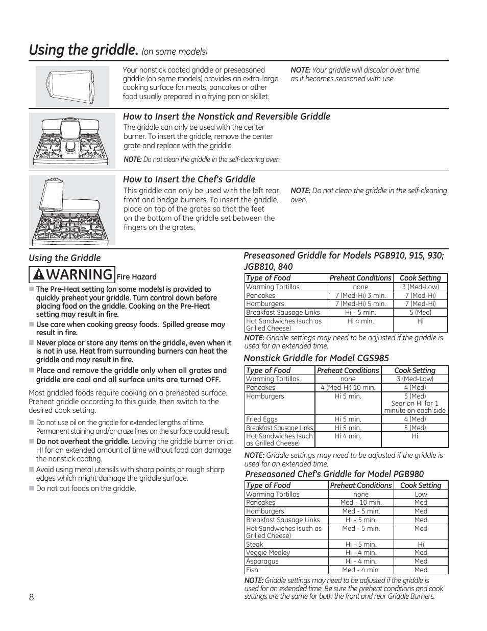 Using the griddle, (on some models), How to insert the nonstick and reversible griddle, How to insert the chefs griddle | Using the griddle, Nonstick griddle for model cgs985, Àwarning | GE CGS975SEDSS User Manual | Page 8 / 128
