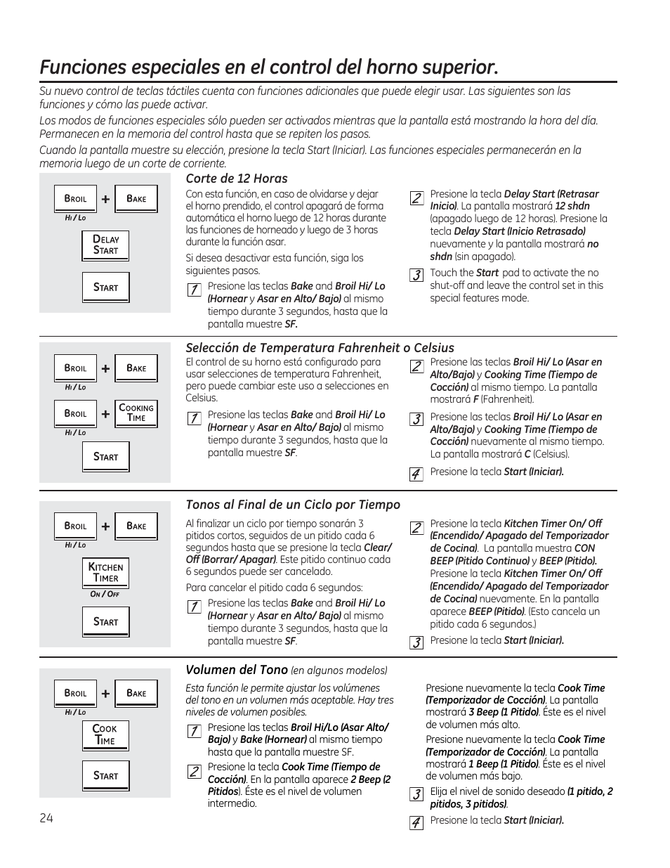 Corte de 12 horas, Selección de temperatura fahrenheit, O celsius | Tonos al final de un ciclo por tiempo | GE CGS975SEDSS User Manual | Page 88 / 128