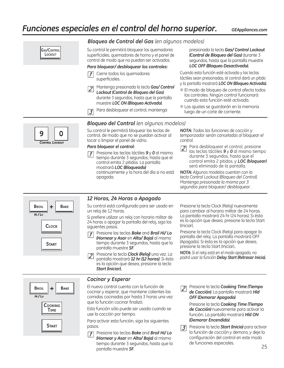 Bloqueo de control del gas (en algunos modelos), 12 horas, 24 horas o apagado, Cocinar y esperar | En algunos modelos) | GE CGS975SEDSS User Manual | Page 89 / 128