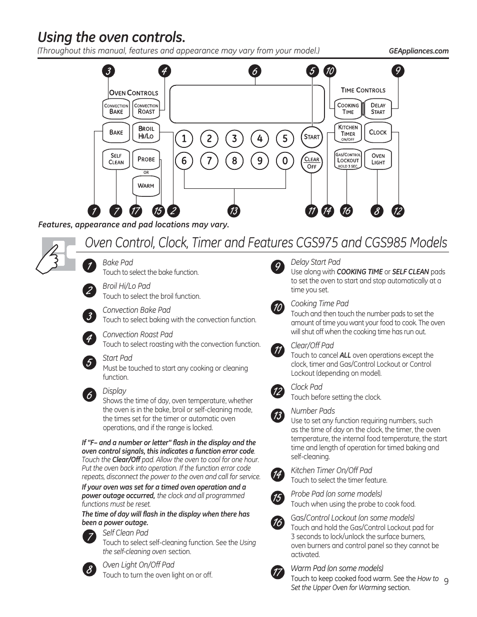 Using the oven controls, Oe o o, Q0 0 0 | GE CGS975SEDSS User Manual | Page 9 / 128