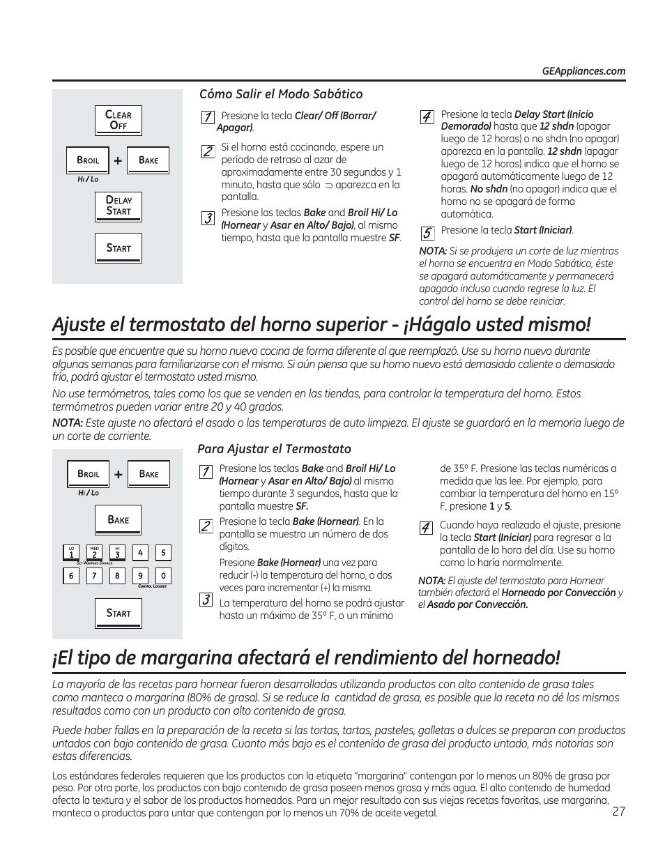 Cómo salir el modo sabàtico, Para ajustar el termostato, Ajuste del termostato | GE CGS975SEDSS User Manual | Page 91 / 128