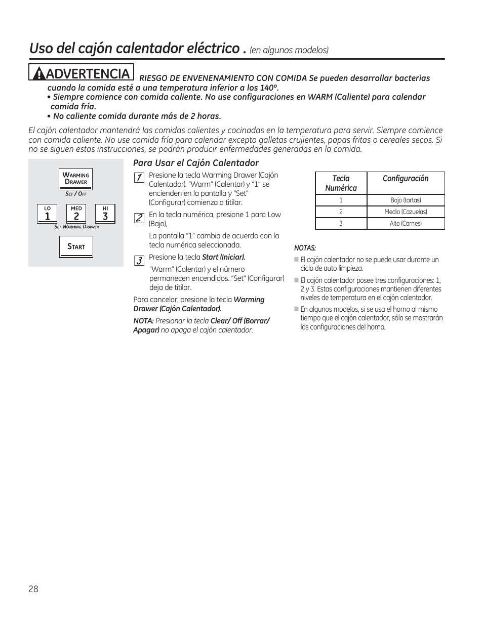 Para usar el cajón calentador, Uso del cajón calentador eléctrico, Advertencia | GE CGS975SEDSS User Manual | Page 92 / 128