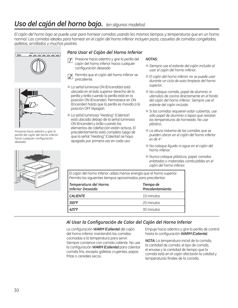 Uso del cajón del horno bajo. (en algunos modelos), Para usar el cajón del horno inferior, Cajón del horno inferior | Horno -33, Uso del cajón del horno bajo | GE CGS975SEDSS User Manual | Page 94 / 128