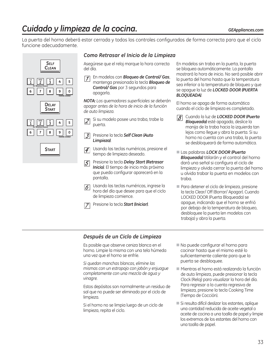Como retrasar el inicio de la limpieza, Después de un ciclo de limpieza, Cuidado у limpieza de la cocina | И 0 и и и | GE CGS975SEDSS User Manual | Page 97 / 128