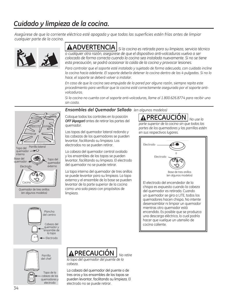 Cuidado y limpieza de la cocina, Aadvertencia aprecaucion, Aprecaucion | GE CGS975SEDSS User Manual | Page 98 / 128
