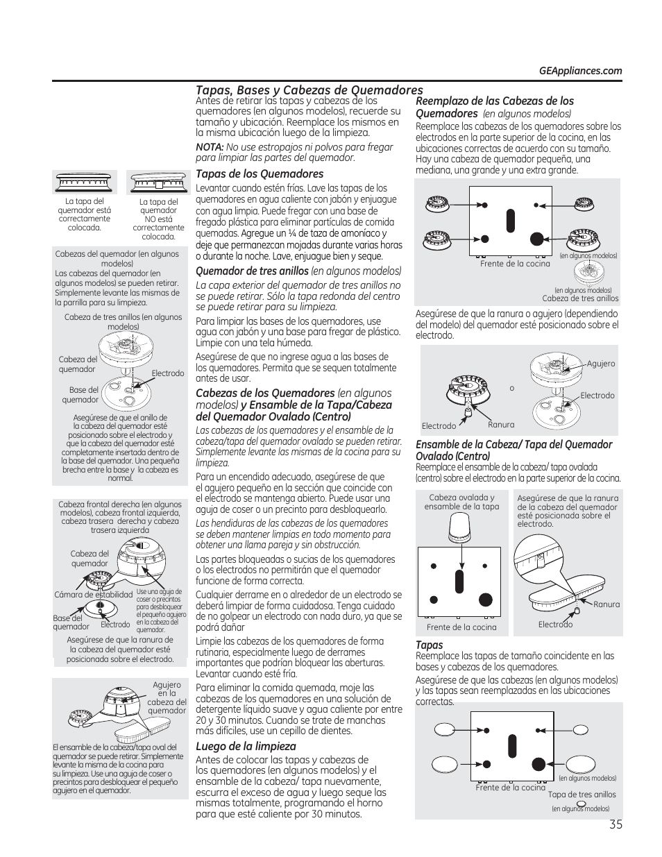 Tapas, bases y cabezas de quemadores, Quemadores, Reemplazo de las cabezas de los | Tapas de los quemadores, Cabezas de los quemadores, Luego de la limpieza | GE CGS975SEDSS User Manual | Page 99 / 128