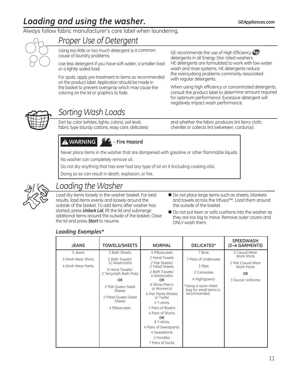 Loading and using the washer, Loading the washer, Proper use of detergent | Sorting wash loads, Warning, Loading examples | GE GTWS8655DMC User Manual | Page 11 / 36