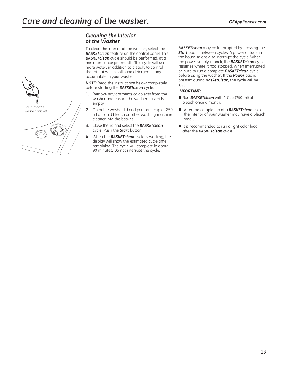 Care and cleaning of the washer, Cleaning the interior of the washer | GE GTWS8655DMC User Manual | Page 13 / 36