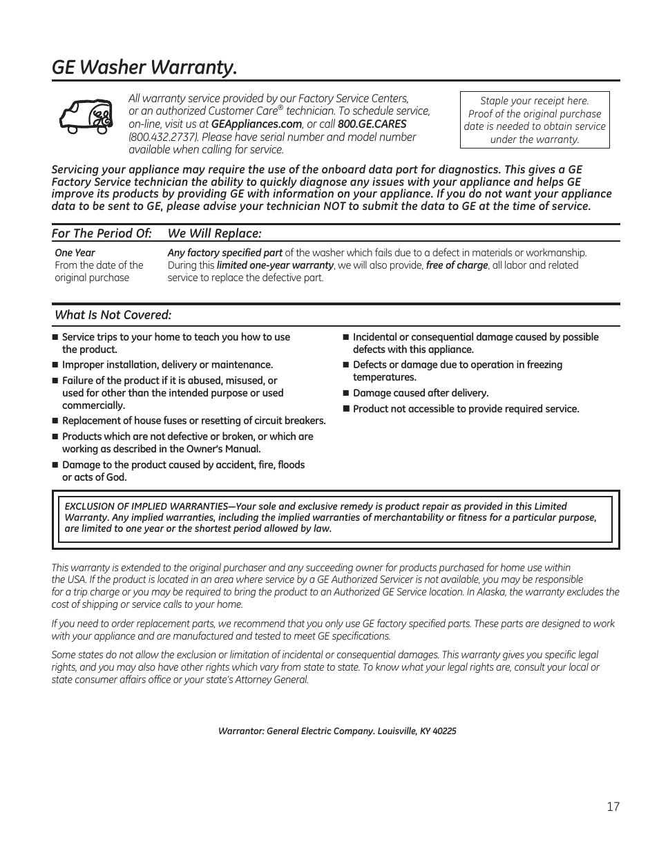 Ge washer warranty | GE GTWS8655DMC User Manual | Page 17 / 36